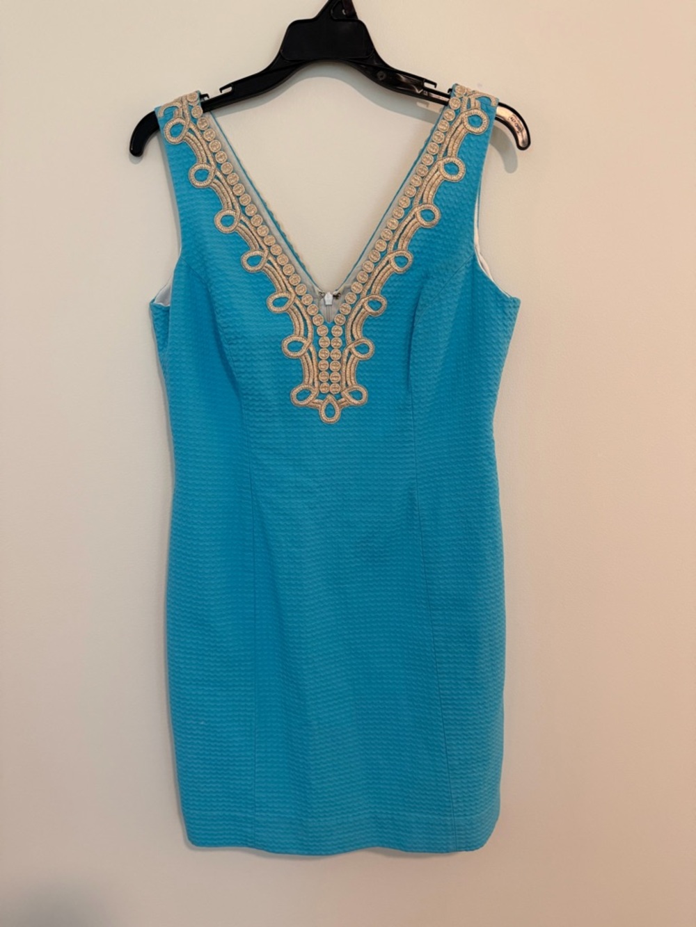 Lilly Pulitzer Teal Shift Dress w/ Golden Neckline Embroidery